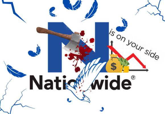 an ax striking the nationwide logo as profit slide with service cuts