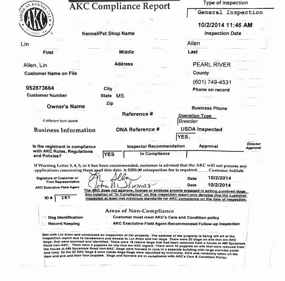 the now-infamous AKC inspection report of AKC BOM Lynne Hackney, Oct. 2014, stating that she was in compliance with AKC's policies