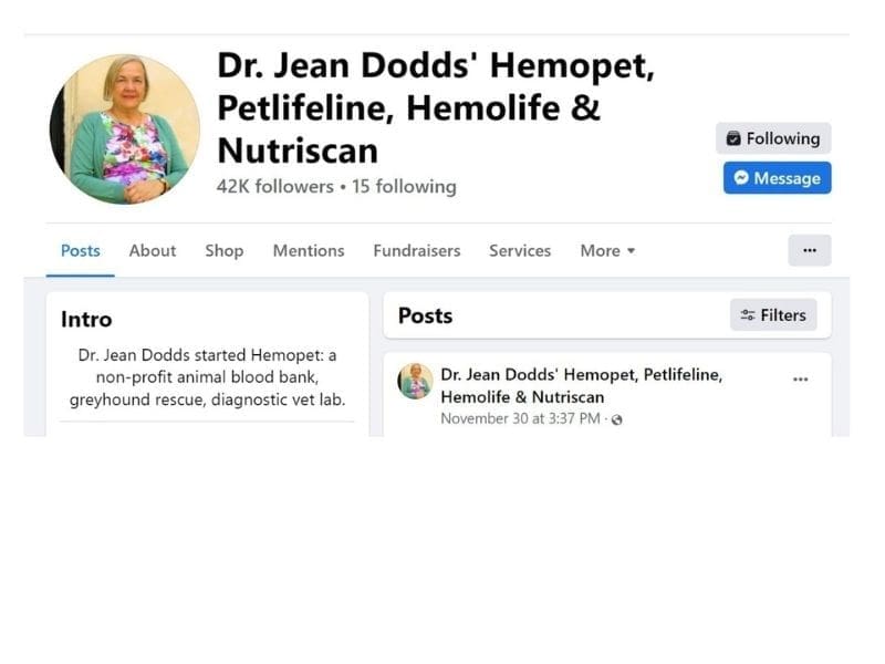 Dr. Jean Dodds screenshot of facebook page