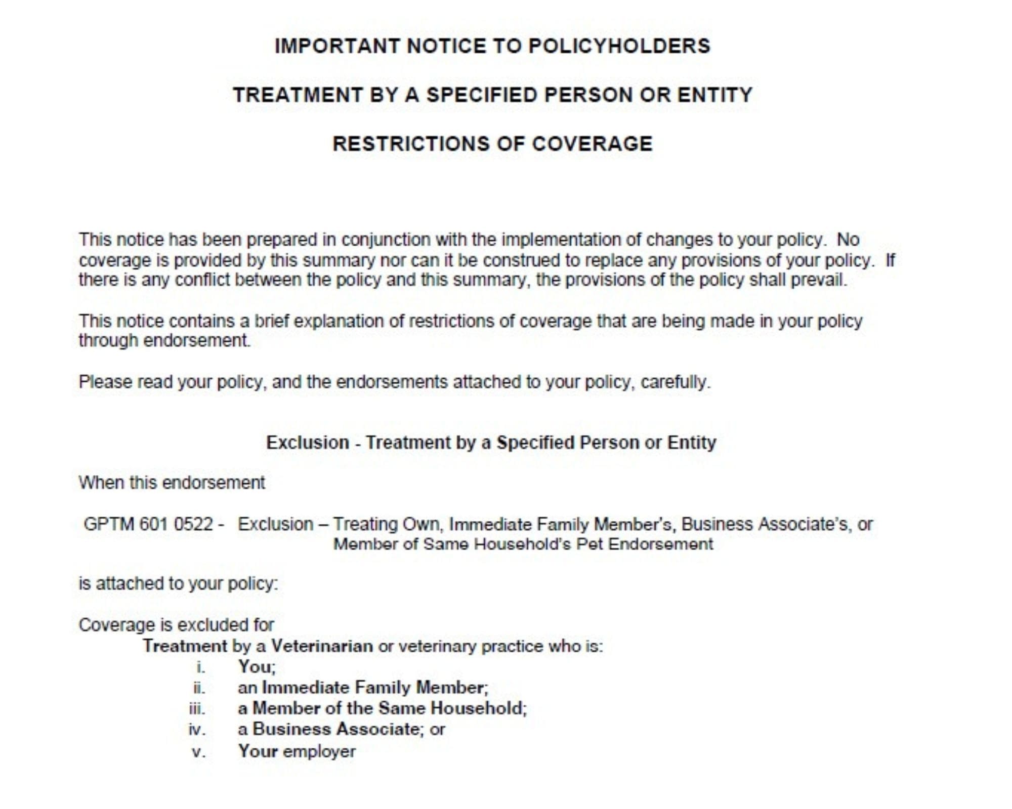 Petplan's policy exclusion