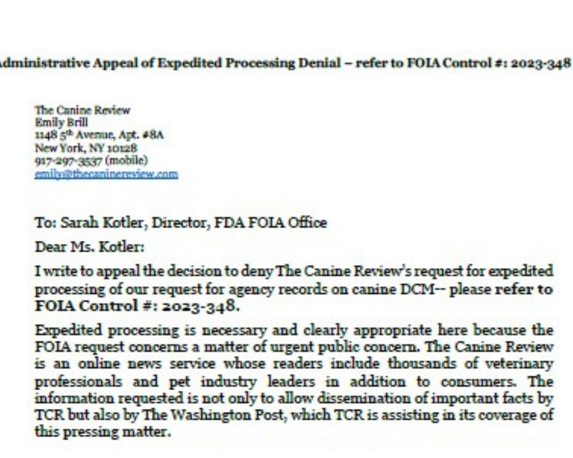 TCR Admin Appeal 1 Admin Appeal